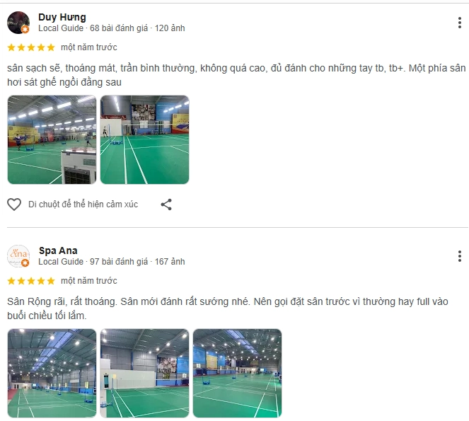 Đánh giá của người chơi tại sân cầu lông Dương Gia HX