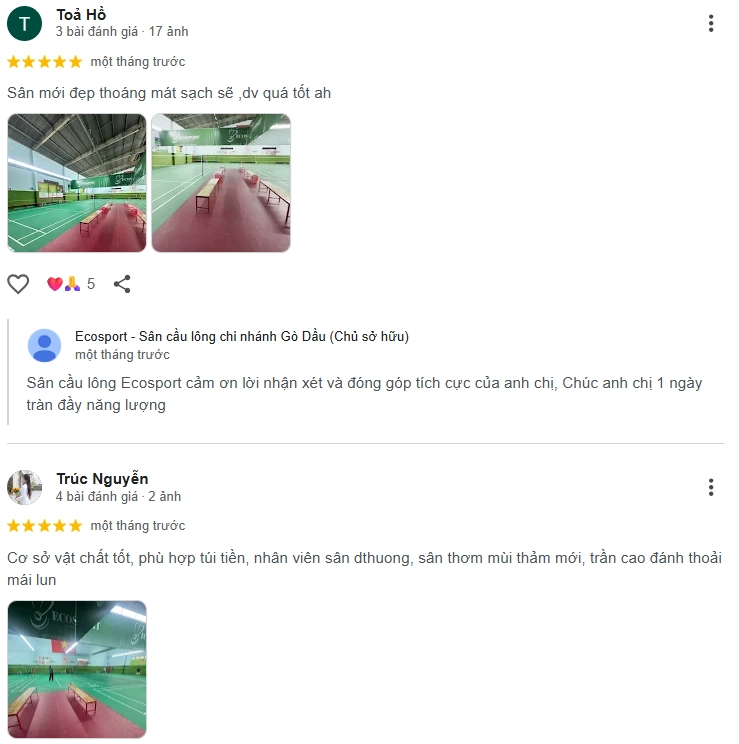 Đánh giá của người chơi tại sân cầu lông Ecosport Gò Dầu