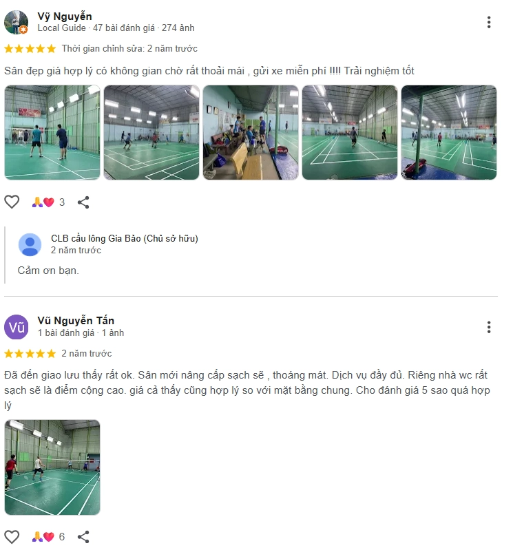 Đánh giá của người chơi tại sân cầu lông Gia Bảo