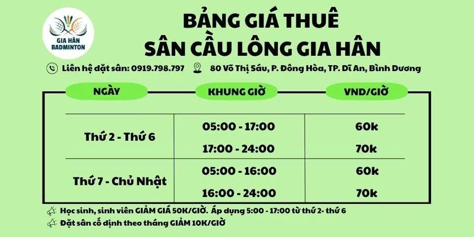 Bảng giá thuê sân cầu lông gia hân