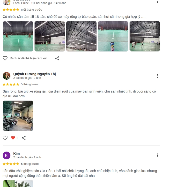 Phản hồi chất lượng sân cầu lông gia hân