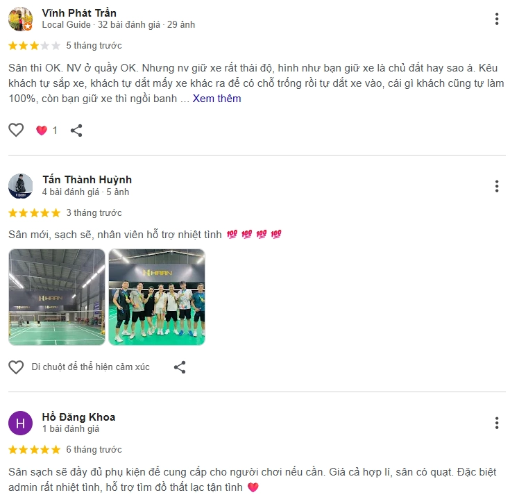Đánh giá của người chơi tại sân cầu lông HAAN BADMINTON CLUB