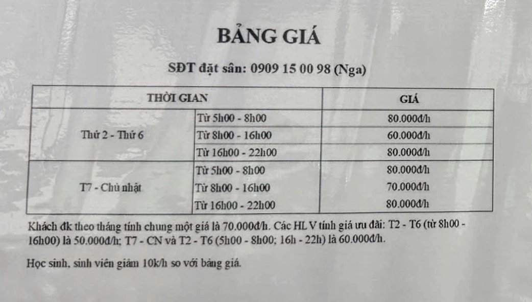Giá thuê tại sân cầu lông Hạnh Phúc Dĩ An