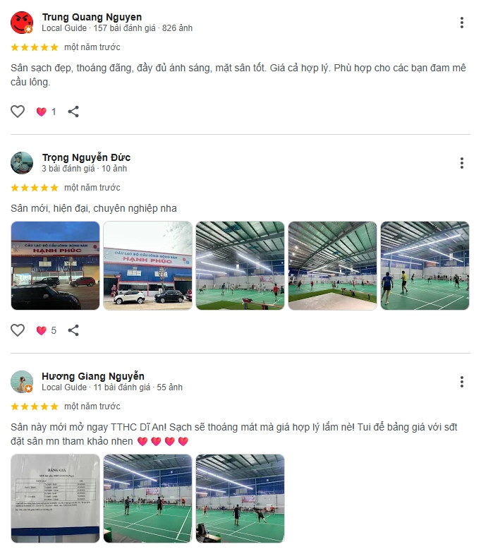 Đánh giá của người chơi tại sân cầu lông Hạnh Phúc Dĩ An