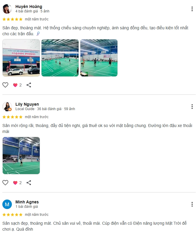 Đánh giá của người chơi tại sân cầu lông Hạnh Phúc Dĩ An