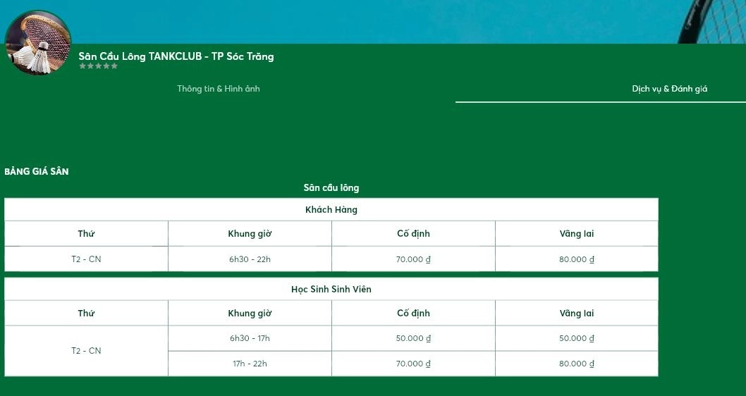 Bảng giá thuê sân cầu lông tank sport sóc trăng