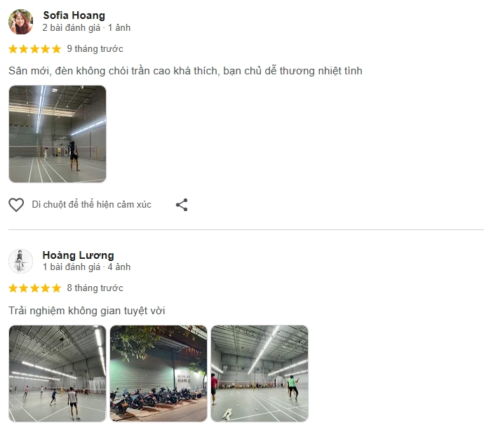 Đánh giá của người chơi tại sân cầu lông Hoàng Vy
