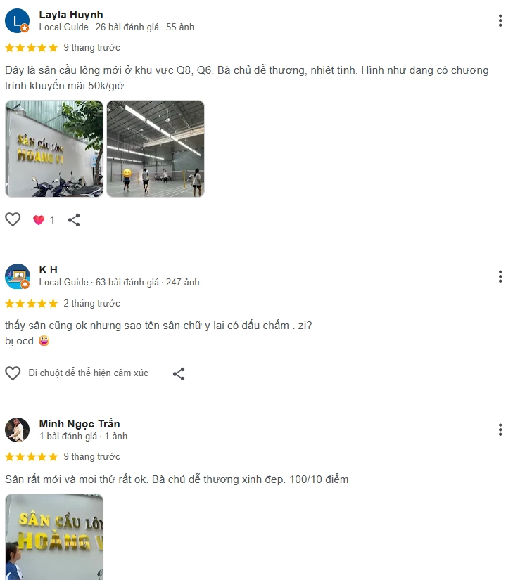 Đánh giá của người chơi tại sân cầu lông Hoàng Vy