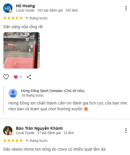Đánh giá của người chơi tại sân cầu lông Hừng Đông