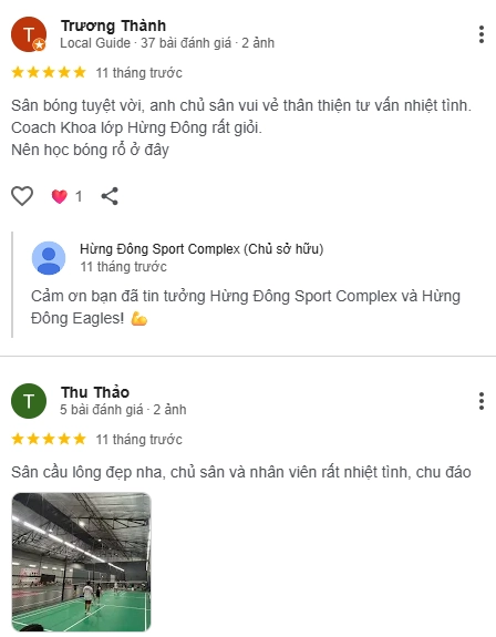 Đánh giá của người chơi tại sân cầu lông Hừng Đông