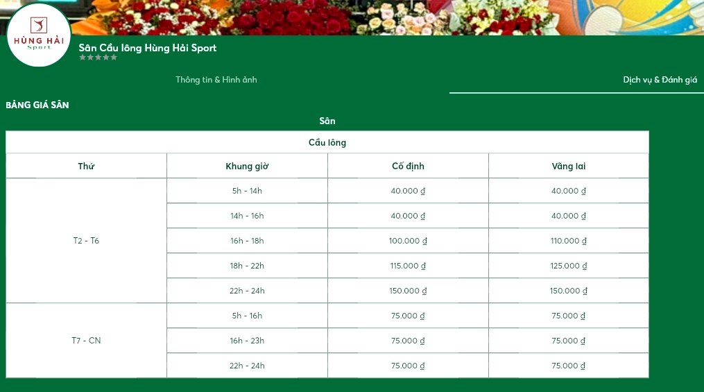 Bảng giá thuê sân cầu lông hùng hải long biên