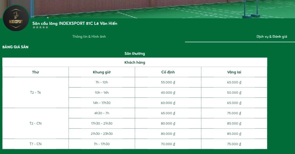 Bảng giá thuê sân cầu lông Indexsport 2