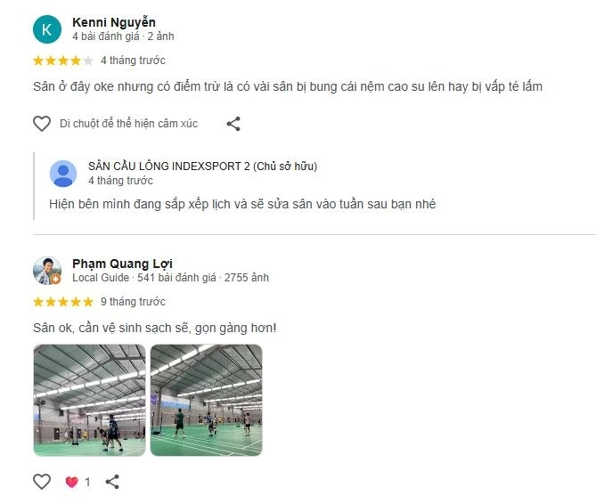 Những đánh giá về chất lượng sân cầu lông Indexsport 