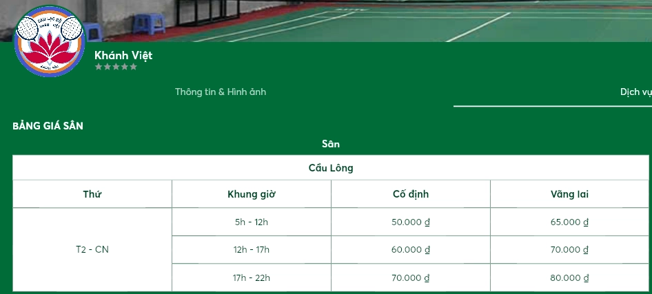 Giá thuê tại sân cầu lông Khánh Việt Nha Trang