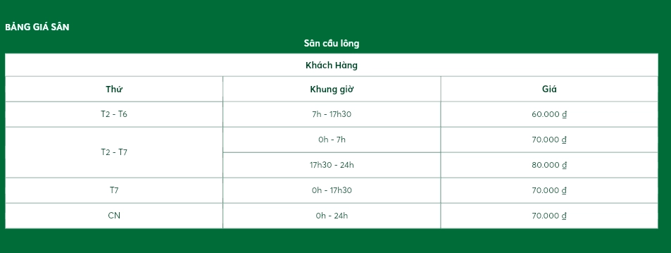 Bảng giá thuê sân cầu lông KingSport
