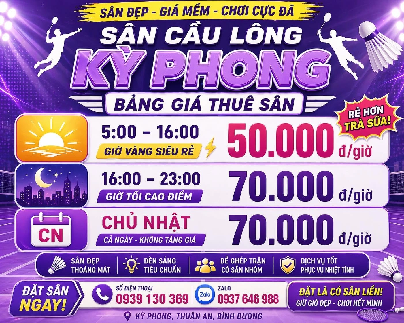 Bảng giá thuê sân cầu lông Kỳ Phong