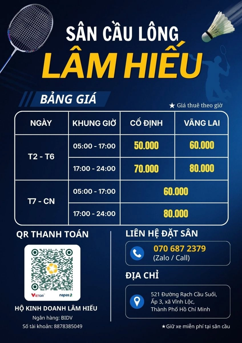 Bảng giá thuê sân cầu lông lâm hiếu