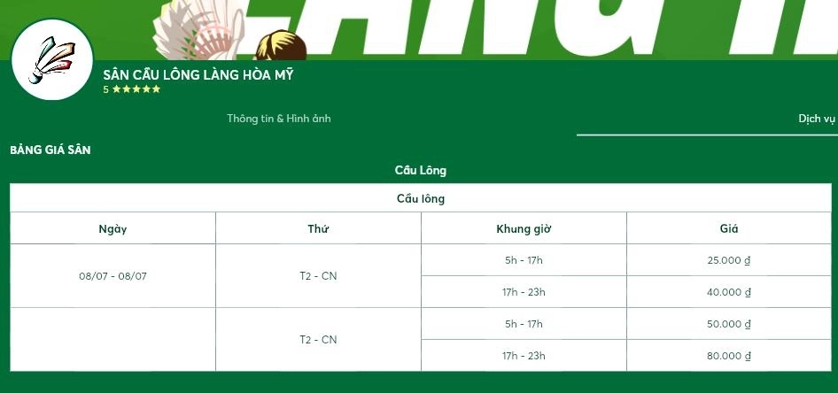 Cập nhật bảng giá thuê sân cầu lông làng hòa mỹ