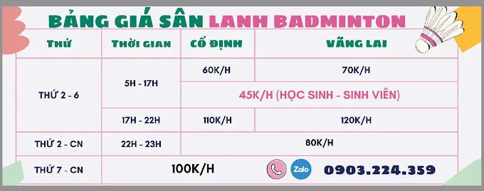 Bảng gía thuê sân cầu lông Lanh