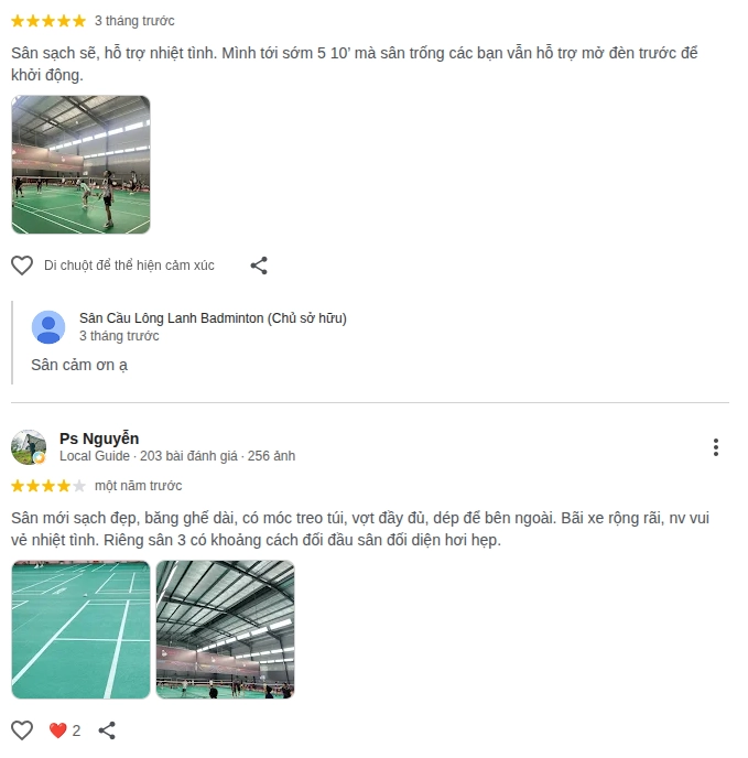 Những đánh giá về chất lượng sân cầu lông lanh