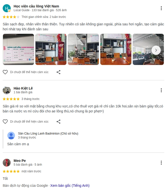 Một số review về cơ cở vật chất và dịch vụ tại sân cầu lông lanh