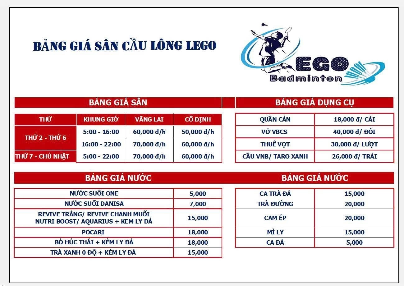 Bảng giá thuê sân cầu lông lego