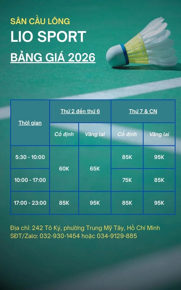 Bảng giá thuê sân cầu lông Lio Sport