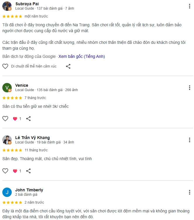 Đánh giá của người chơi tại sân cầu lông Lita Nha Trang