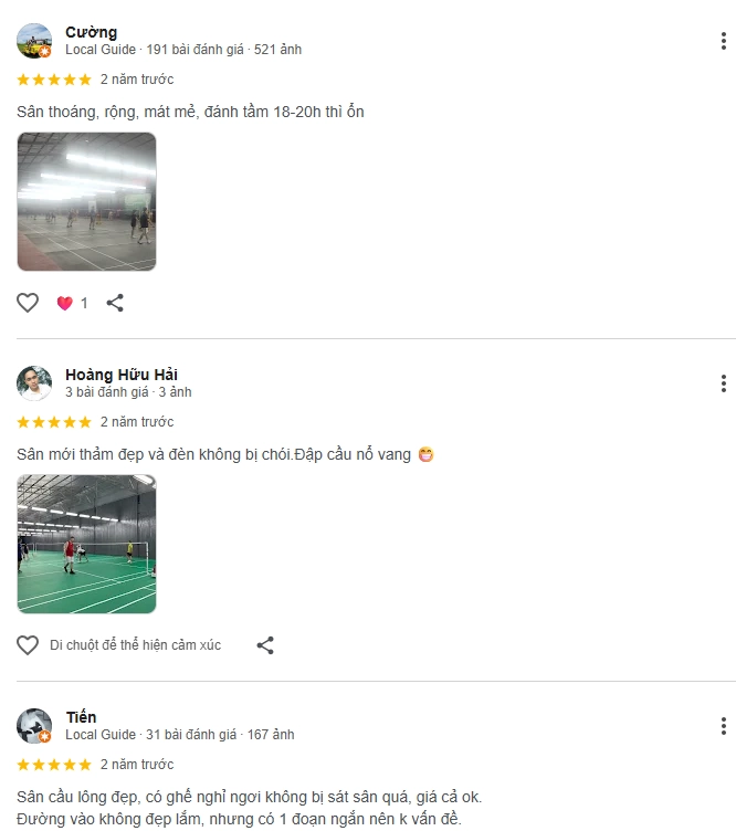 Đánh giá của người chơi tại sân cầu lông Lizunex