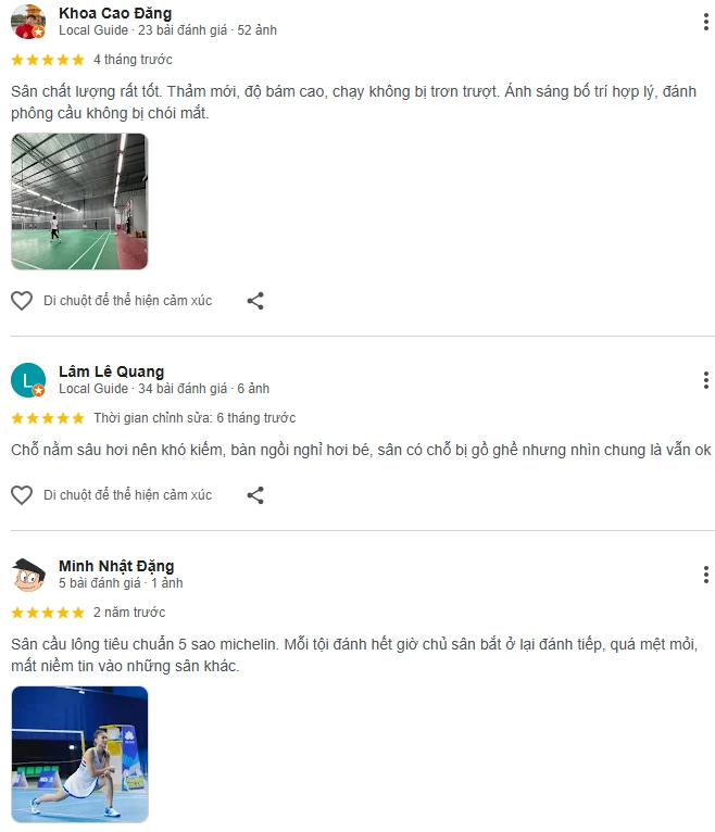 Đánh giá của người chơi tại sân cầu lông Lizunex