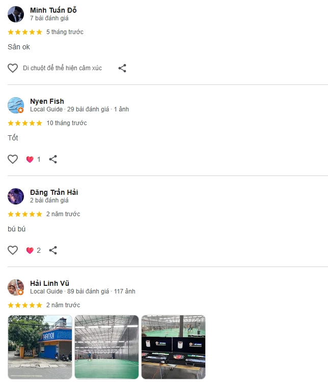 Đánh giá của người chơi tại sân cầu lông Lizunex