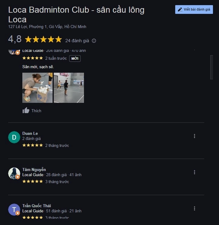 Đánh giá sân cầu lông Loca Badminton Club