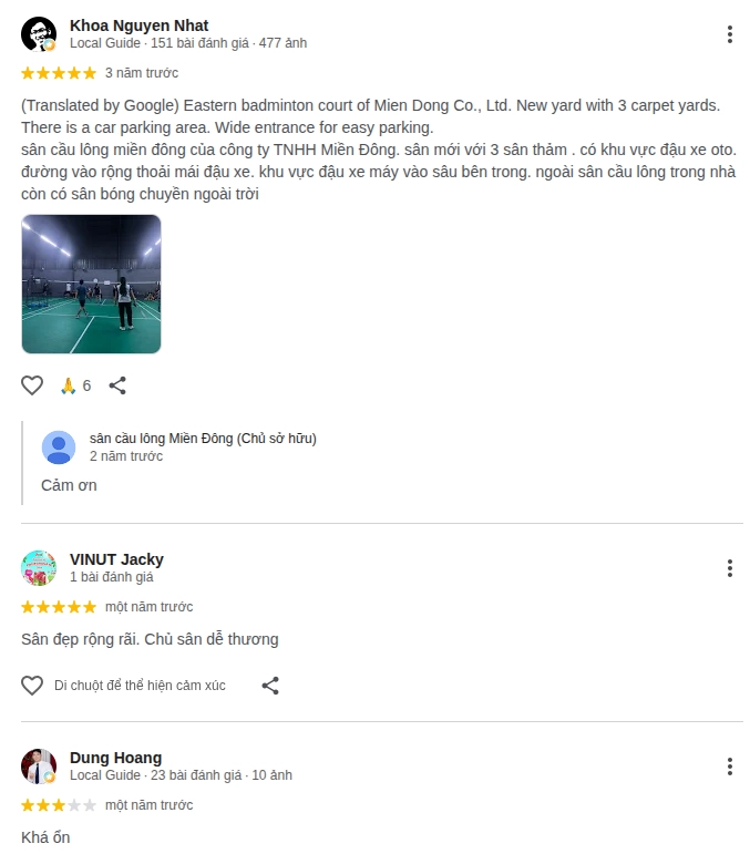 Nhận xét chất lượng sân cầu lông miền đông