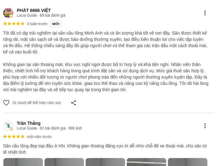 Những đánh giá về chất lượng sân cầu lông minh anh