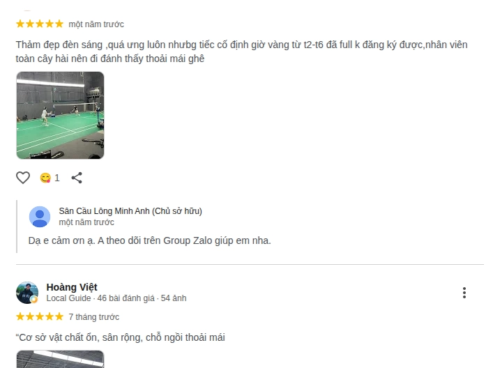 Nhận xét của người chơi về sân cầu lông minh anh