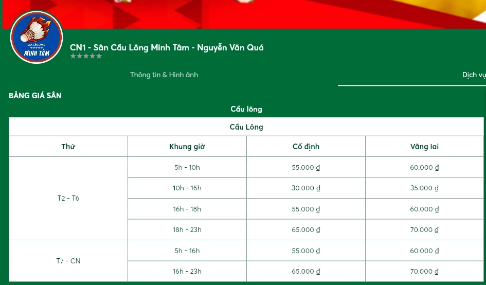 Giá thuê sân cầu lông Minh Tâm Quận 12