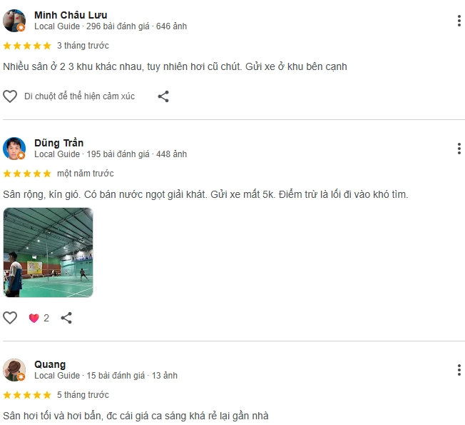 Đánh giá của người chơi tại sân cầu lông Minh Toàn