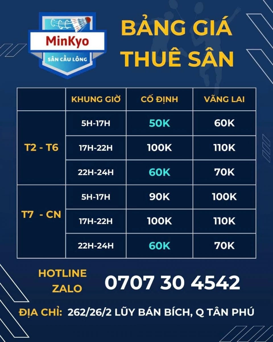 Mức giá thuê sân cầu lông Minkyo