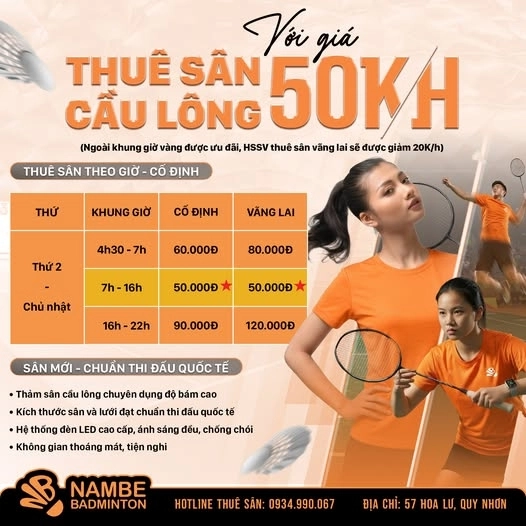 Bảng giá thuê sân cầu lông Nambe