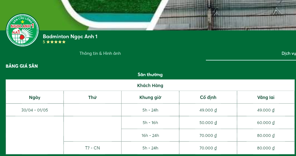 Giá thuê sân cầu lông Ngọc Anh Q.12