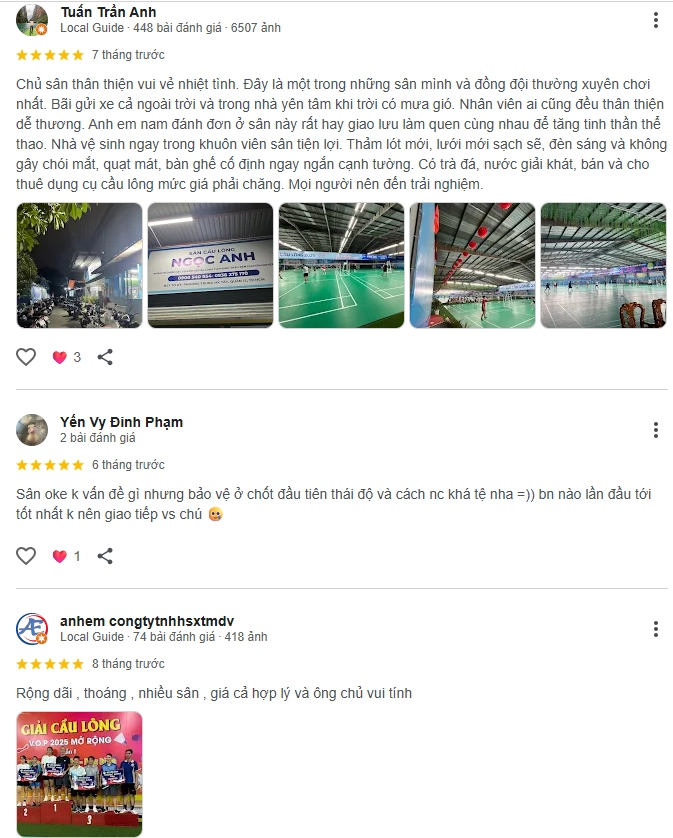 Đánh giá của người chơi tại sân cầu lông Ngọc Anh Q.12
