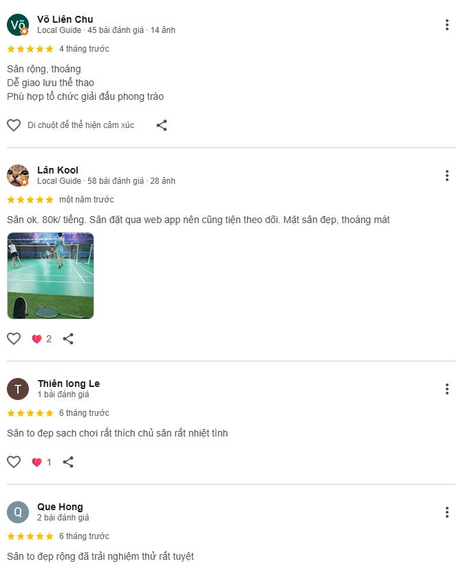 Đánh giá của người chơi tại sân cầu lông Ngọc Anh Q.12