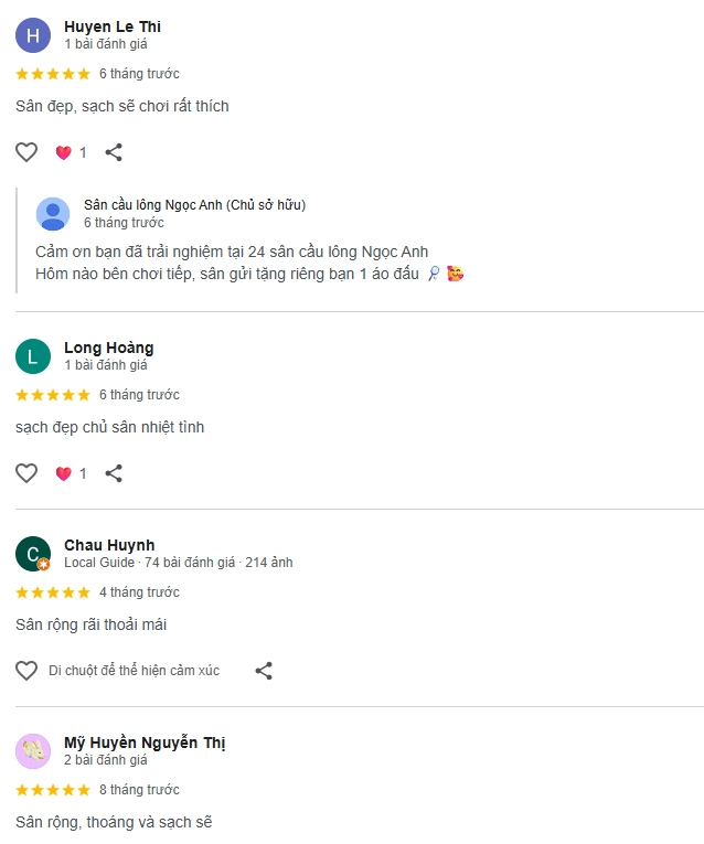 Đánh giá của người chơi tại sân cầu lông Ngọc Anh Q.12
