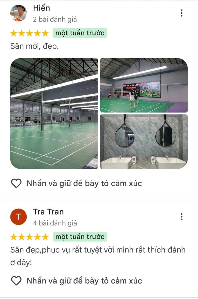 khách hàng đánh giá 5 sao sân cầu lông nguyễn trọng quyền