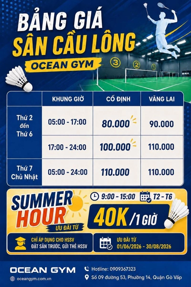 Bảng giá thuê sân cầu lông ocean gym