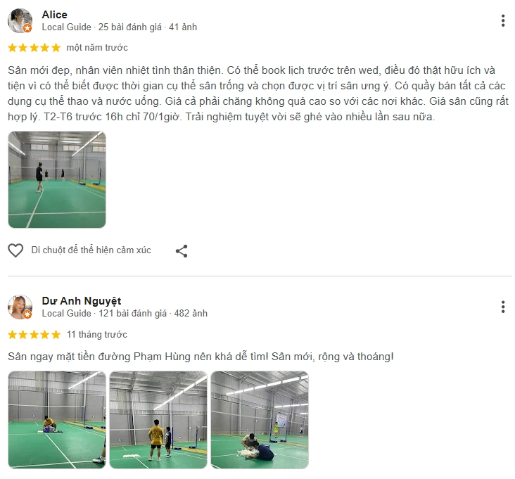 Đánh giá của người chơi tại sân cầu lông Phạm Kha I