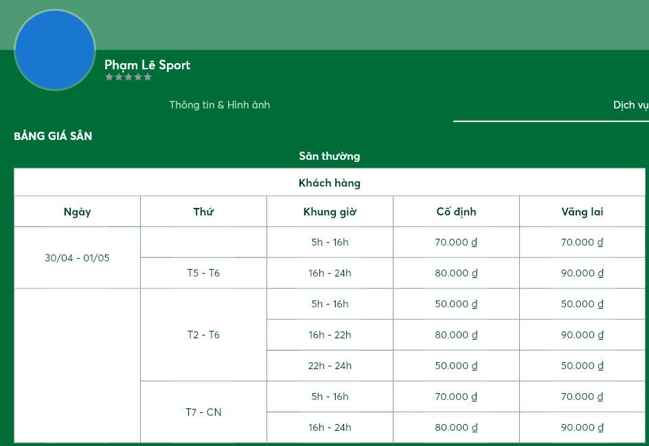Giá thuê sân cầu lông Phạm Lê Sport