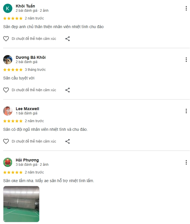 Đánh giá của người chơi tại sân cầu lông Phạm Lê Sport