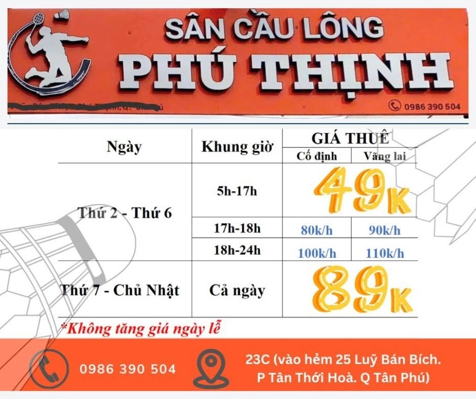 Bảng giá thuê sân cầu lông Phú Thịnh - Badminton club