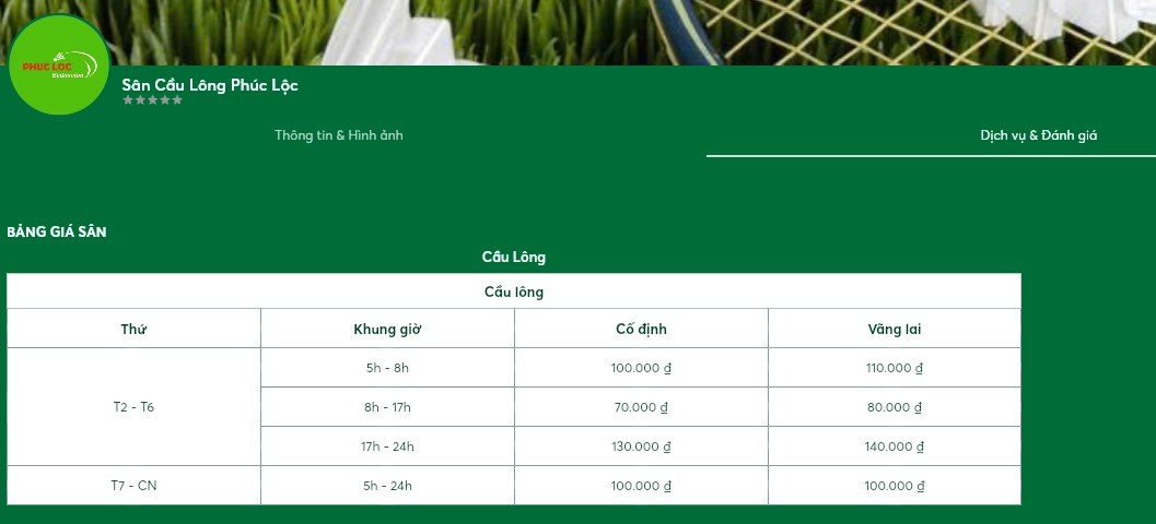 Bảng giá thuê sân cầu lông phúc lộc